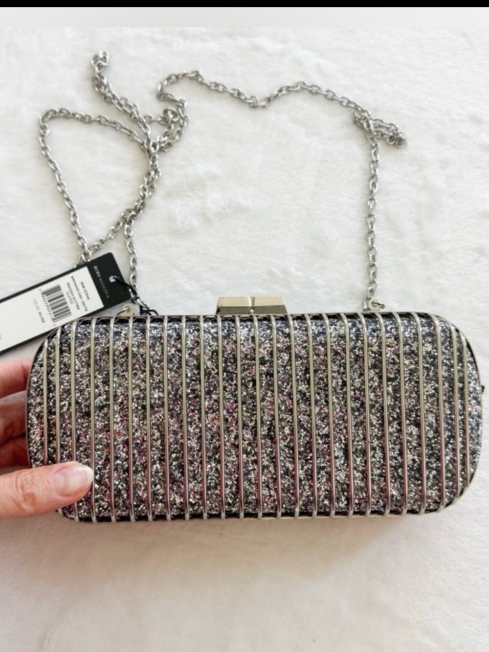 BCBGMAXAZRIA Silver Glitter
Clutch w/ Chain Strap| New with tags